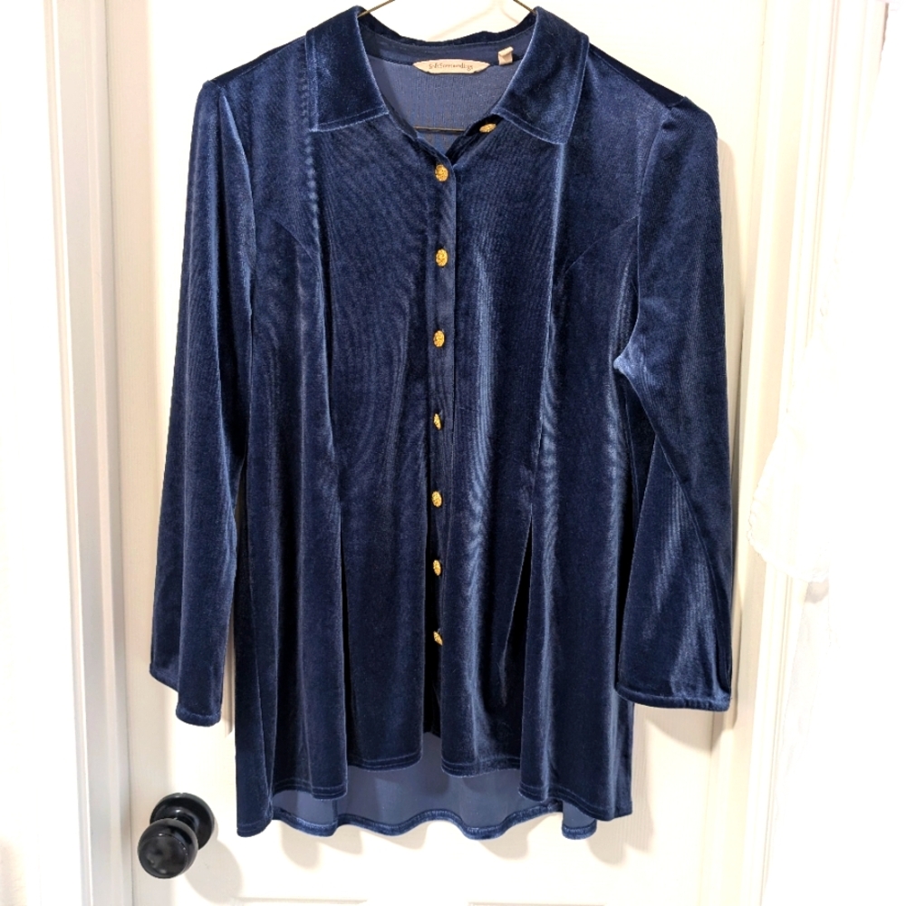 Soft Surroundings Navy Velvet Button-Front Tunic with Gold Buttons
